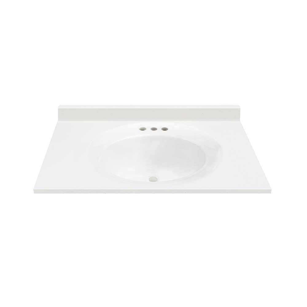 37"W x 19"D Solid White Cultured Marble Vanity Top with Oval Integrated Recessed Bowl