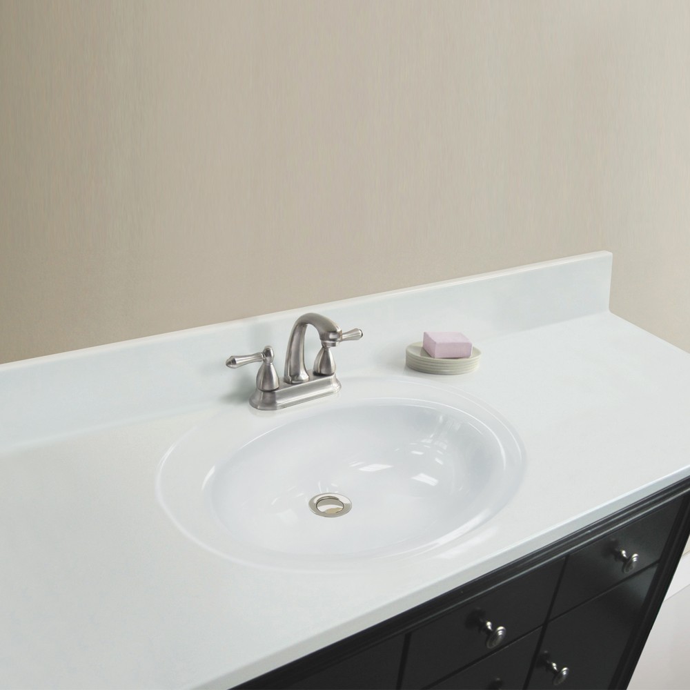 37"W x 19"D Solid White Cultured Marble Vanity Top with Oval Integrated Recessed Bowl