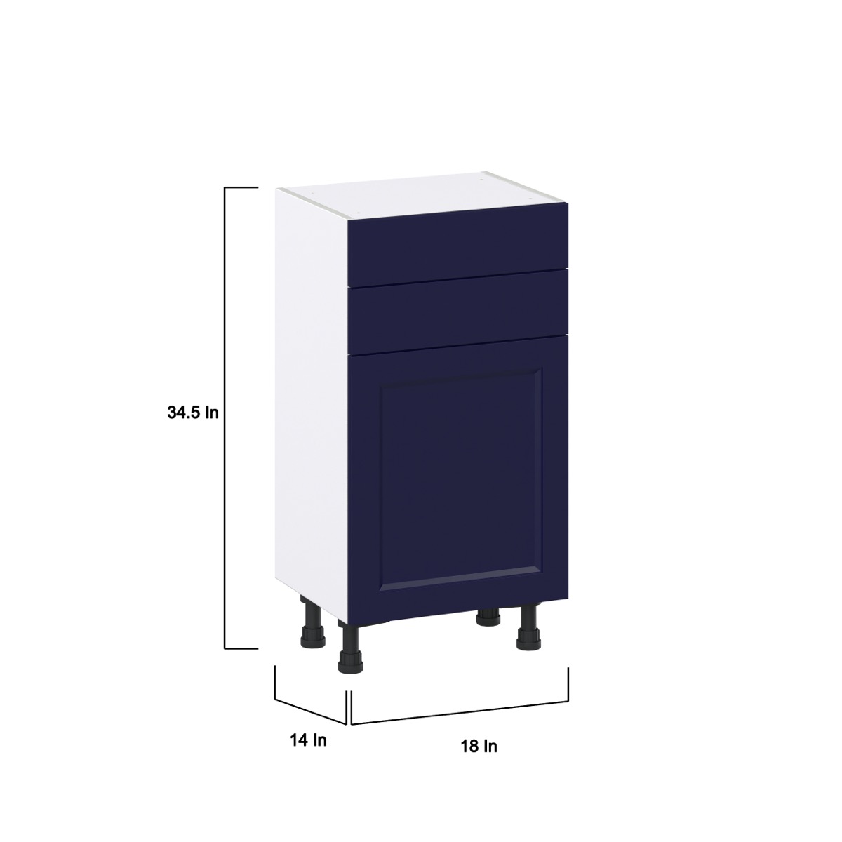 Camellia Painted Midnight Blue Recessed Assembled Shallow Base Cabinet with 1 Door and Two 10 in. Drawers (18 in. W x 34.5 in. H x 14 in. D)