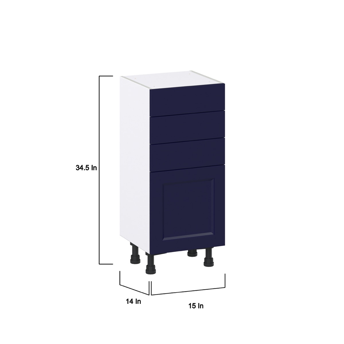 Camellia Painted Midnight Blue Recessed Assembled Shallow Base Cabinet with 1 Door and Three 5 in. Drawers (15 in. W x 34.5 in. H x 14 in. D)