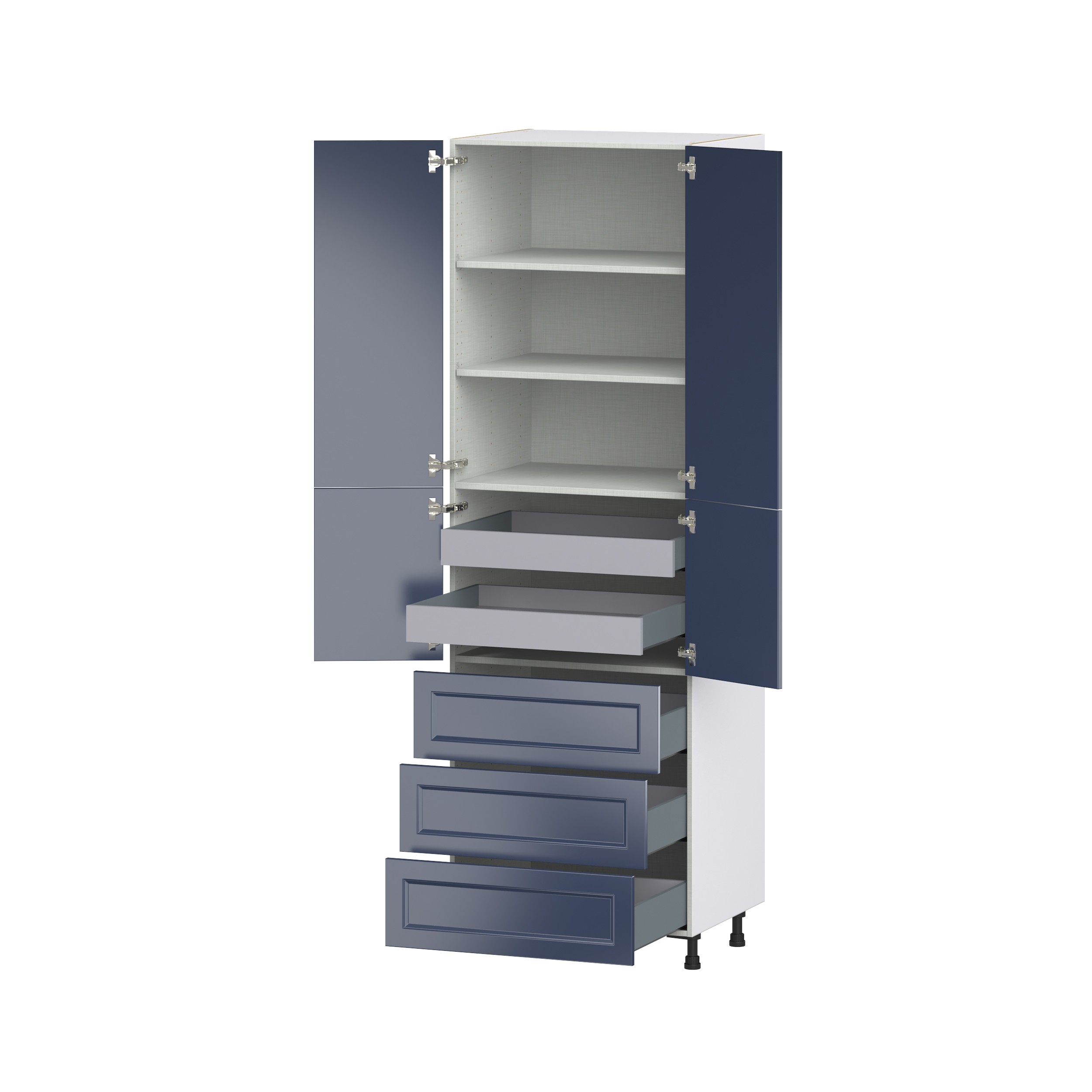 Camellia Painted Midnight Blue Recessed Assembled Pantry Cabinet 4 Doors with 3 Drawers and 2 Inner Drawers (30 in. W X 94.5 in. H X 24 in. D)