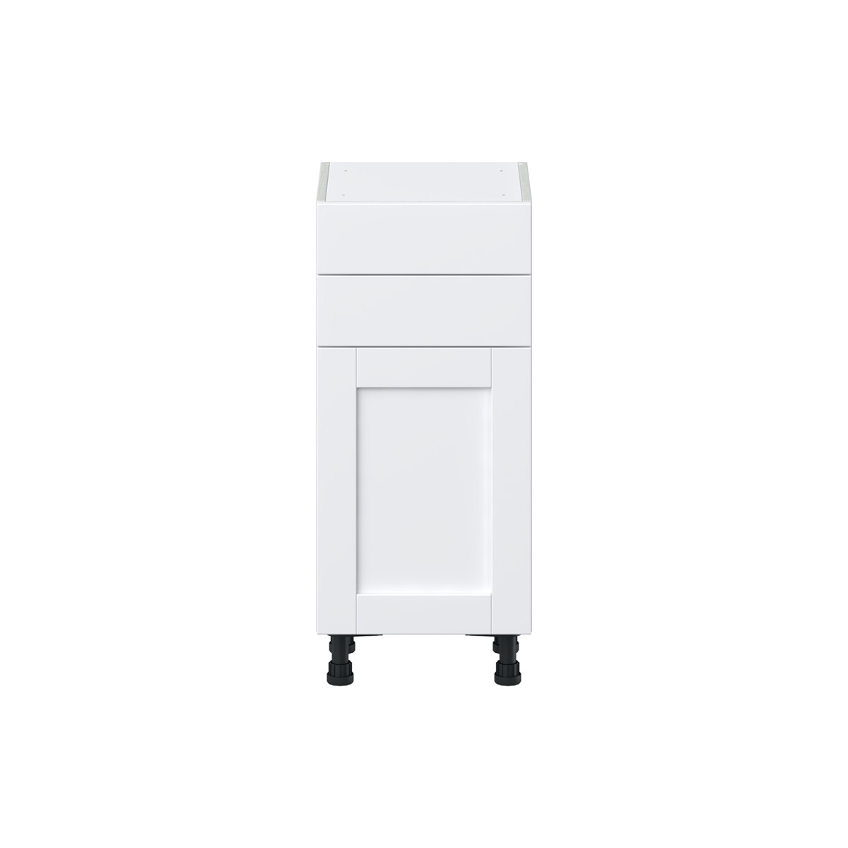 Dahlia Bright White  Shaker Assembled Shallow Base Cabinet with 1 Door and Two 10 in. Drawers (15 in. W x 34.5 in. H x 14 in. D)