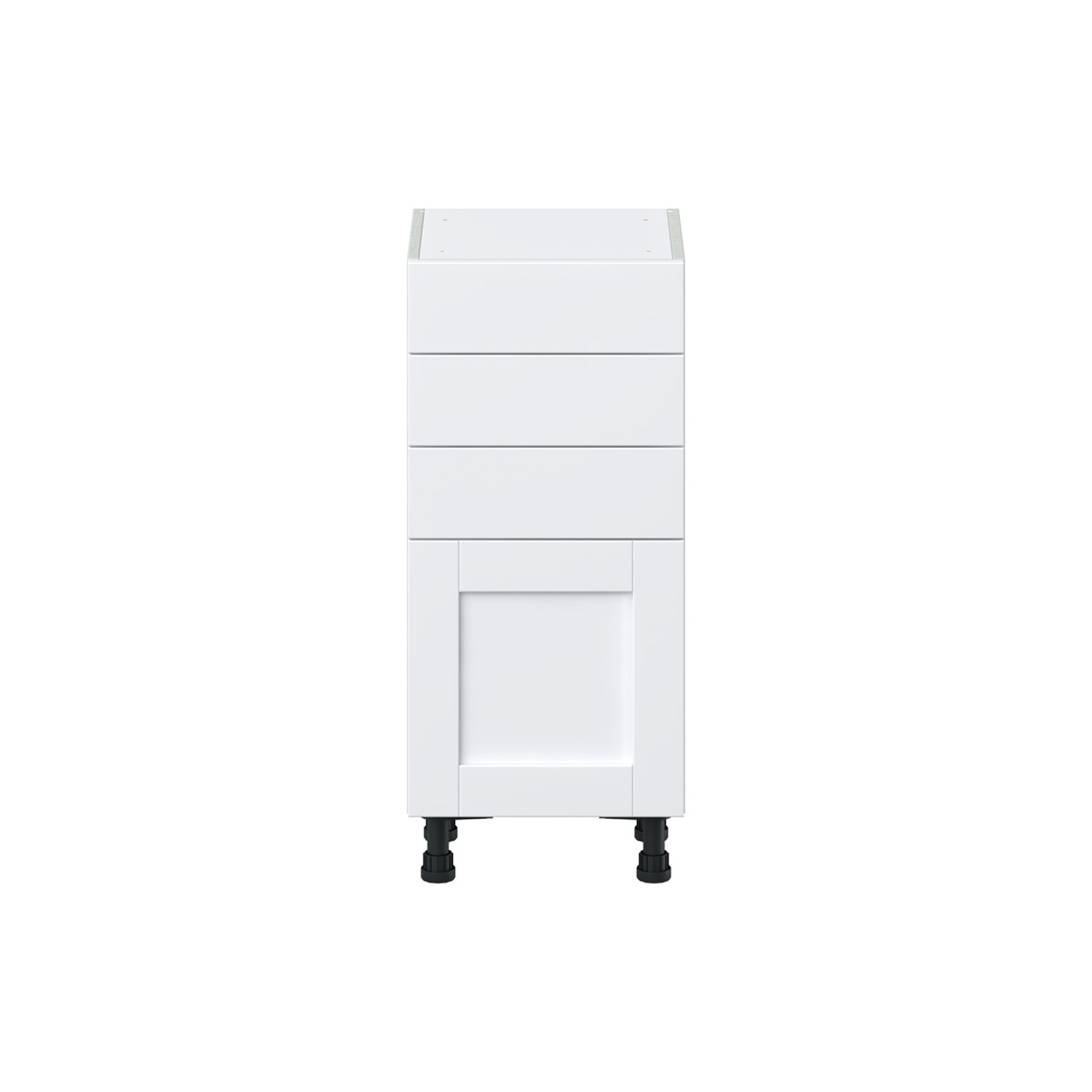 Dahlia Bright White  Shaker Assembled Shallow Base Cabinet with 1 Door and Three 5 in. Drawers (15 in. W x 34.5 in. H x 14 in. D)