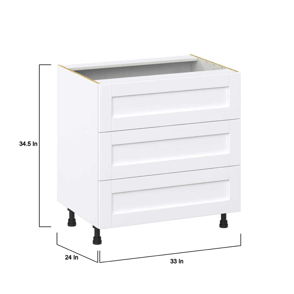 Dahlia Bright White  Shaker Assembled Base Cabinet with Three 10 in. Drawers (33 in. W X 34.5 in. H X 24 in. D)