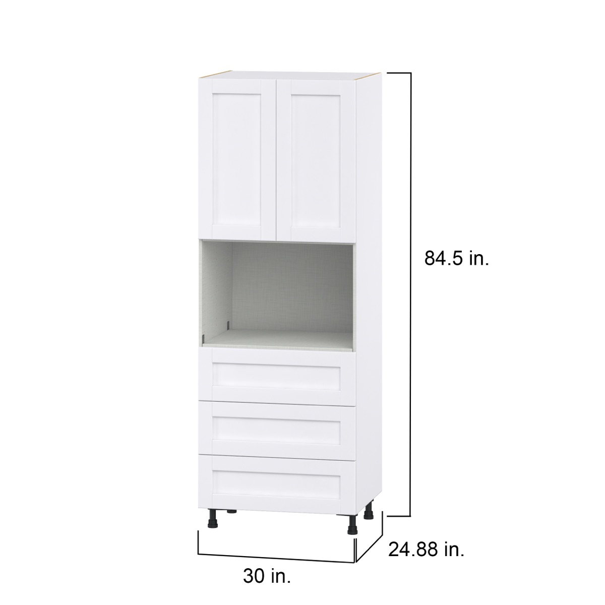 Dahlia Bright White  Shaker Assembled Pantry Microwave Cabinet with 3 Even Drawers (30 in. W X 84.5 in. H X 24 in. D)