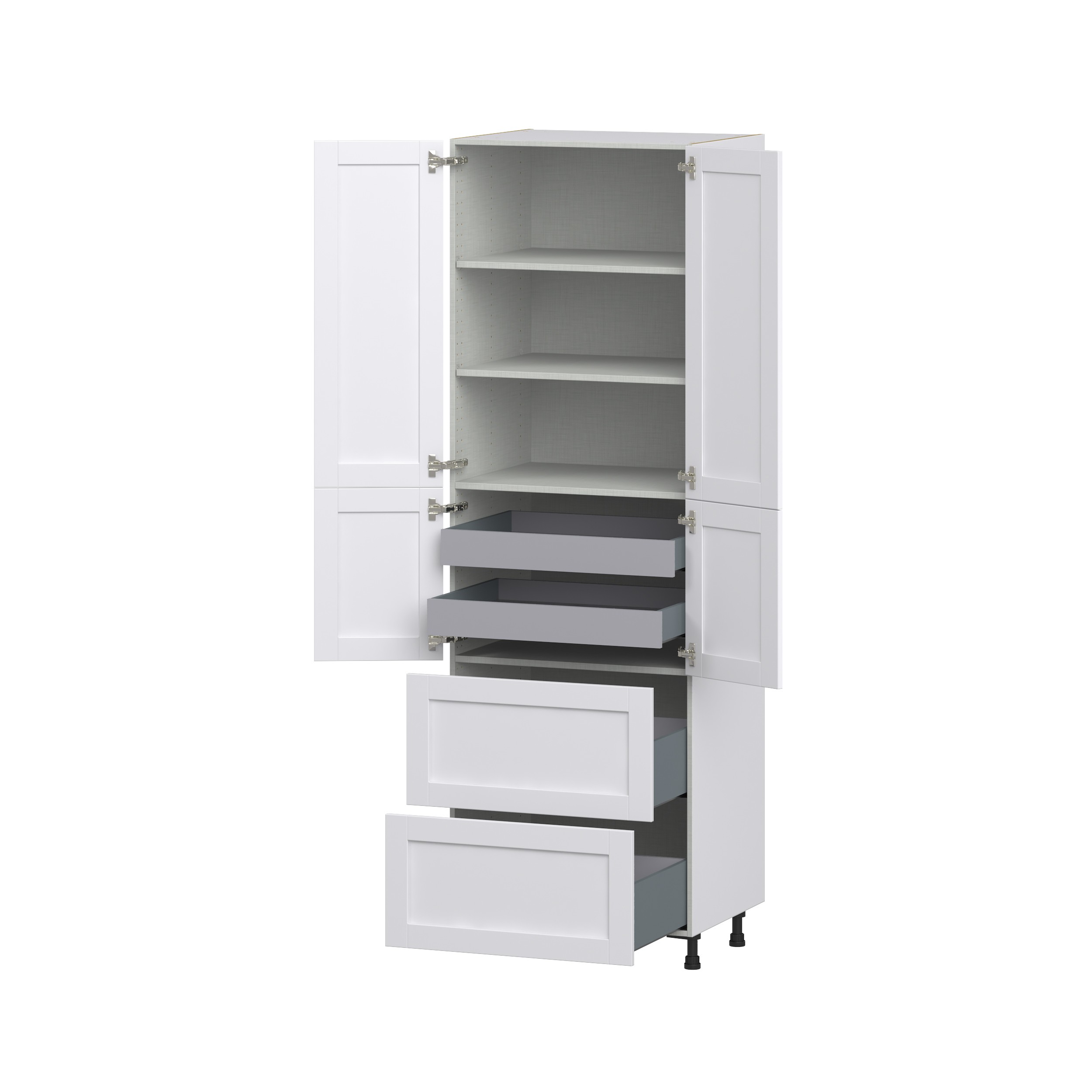 Dahlia Bright White Shaker Assembled Pantry Cabinet 4 Doors with 2 Drawers and 2 Inner Drawers (30 in. W X 94.5 in. H X 24 in. D)