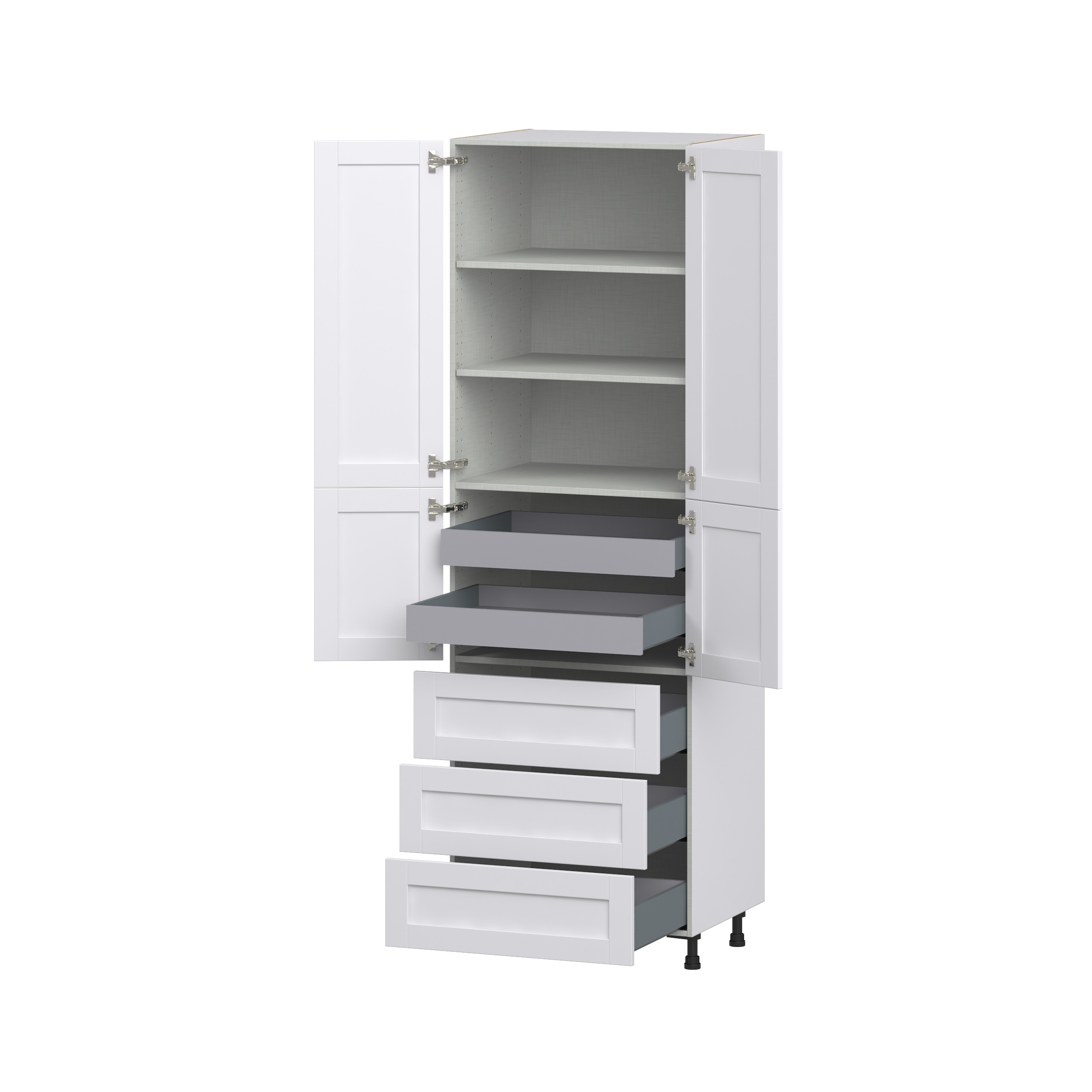 Dahlia Bright White Shaker Assembled Pantry Cabinet 4 Doors with 3 Drawers and 2 Inner Drawers (30 in. W X 94.5 in. H X 24 in. D)