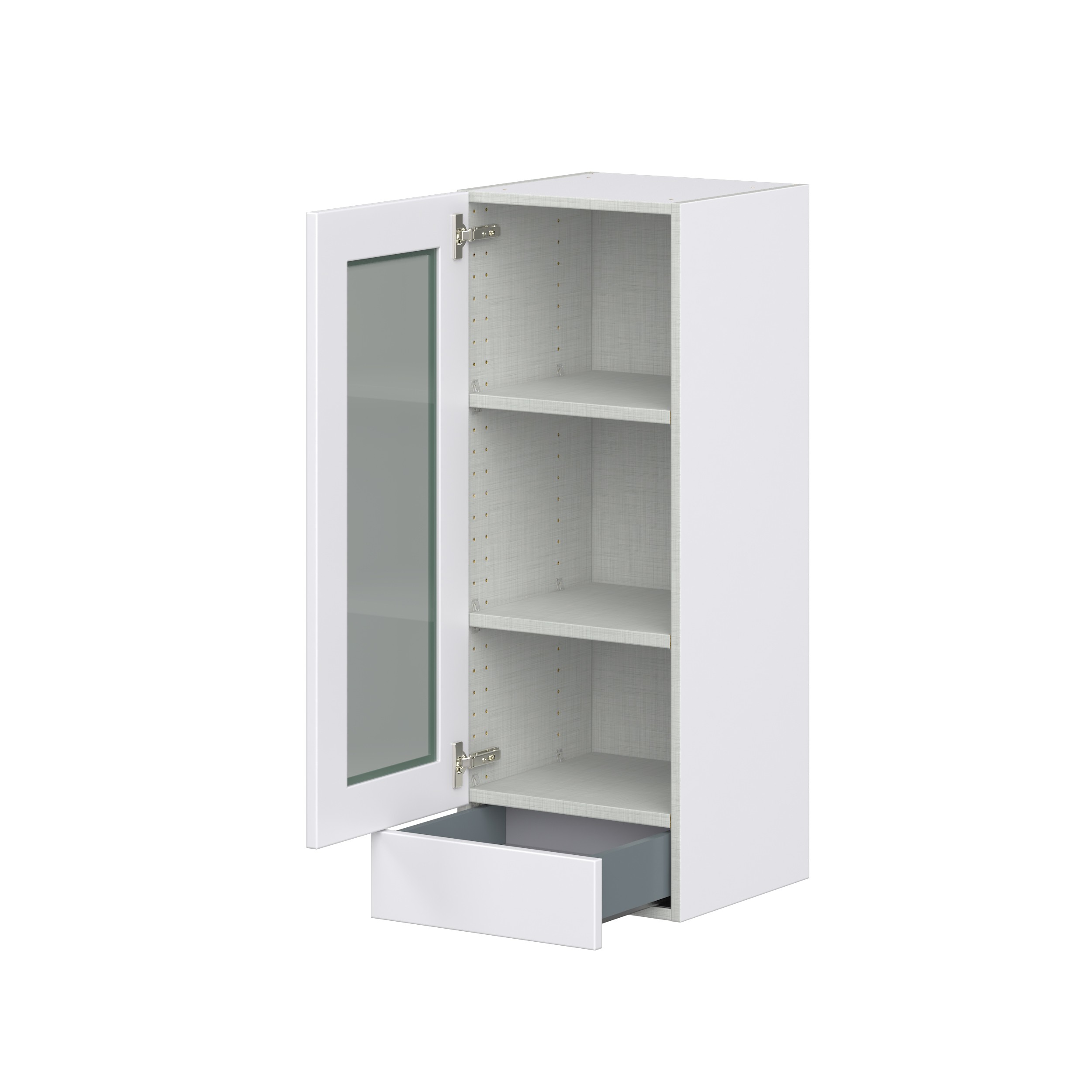 Jasmine Painted Warm White Shaker Assembled Wall Cabinet with a Glass Door and a 5 in. Drawer (15 in. W x 40 in. H x 14 in. D)