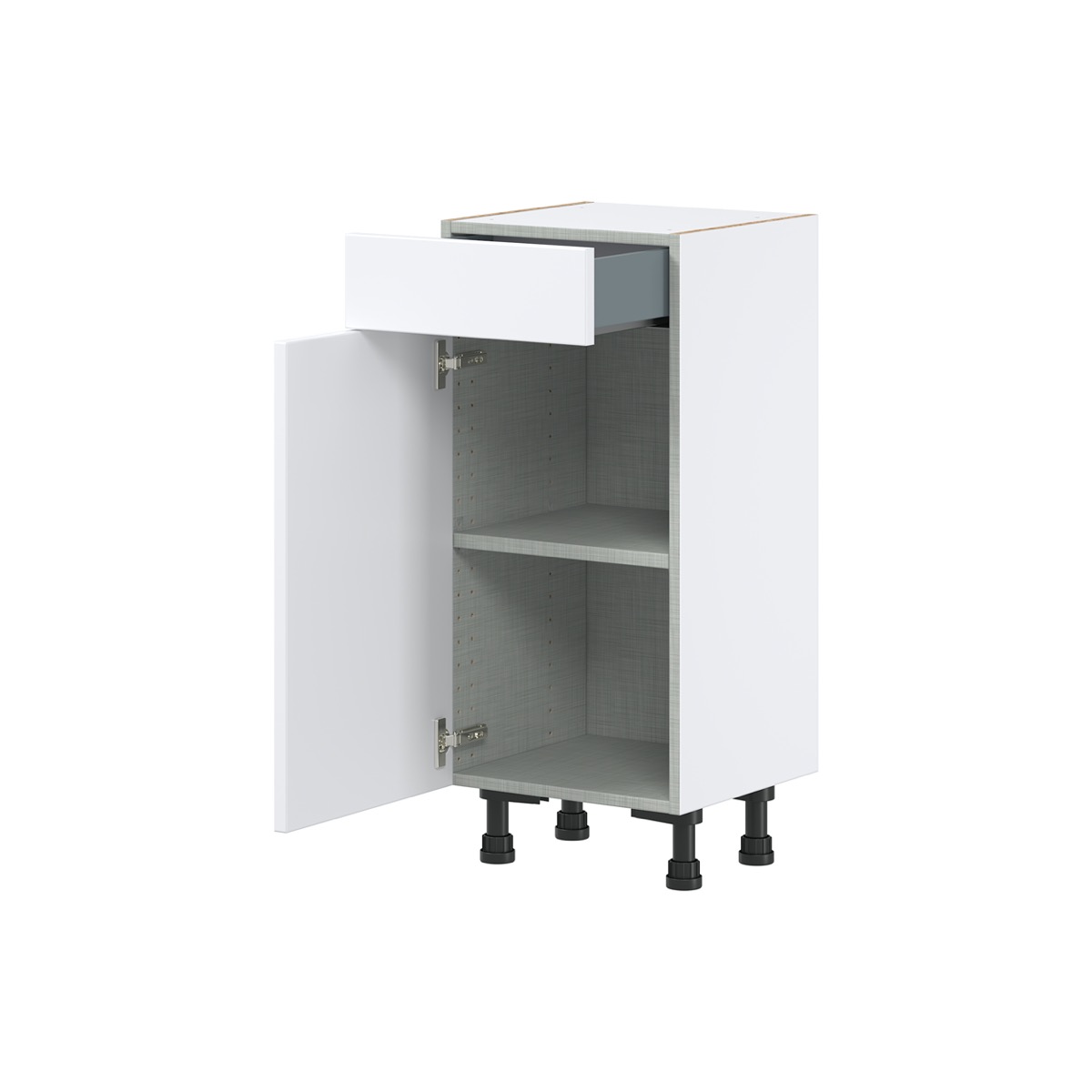 Lily Bright White  Slab Assembled Shallow Base Cabinet with 1 Door and 1 Drawer (15 in. W x 34.5 in. H x 14 in. D)