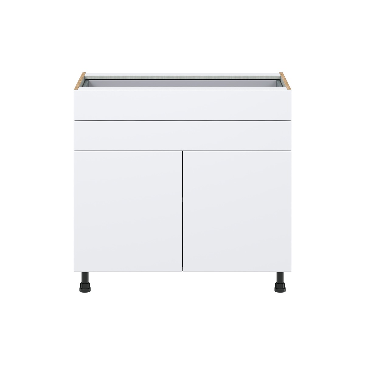 Lily Bright White  Slab Assembled Base Cabinet with Two Doors and Two 5 in. Drawers (36 in. W x 34.5 in. H x 24 in. D)