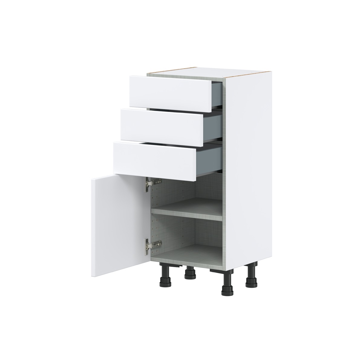 Lily Bright White  Slab Assembled Shallow Base Cabinet with 1 Door and Three 5 in. Drawers (15 in. W x 34.5 in. H x 14 in. D)