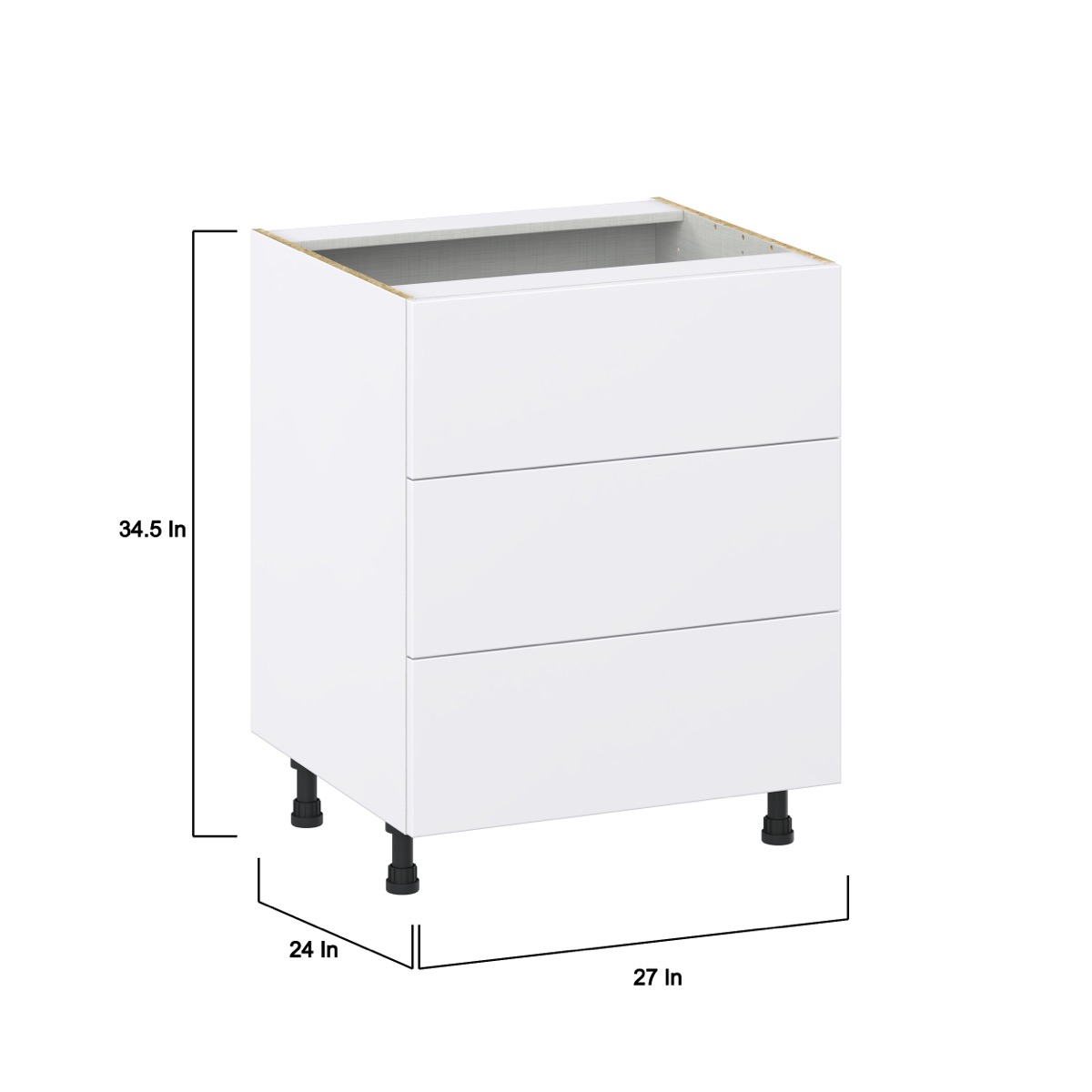 Lily Bright White  Slab Assembled Base Cabinet with Three 10 in. Drawers (27 in. W X 34.5 in. H X 24 in. D)