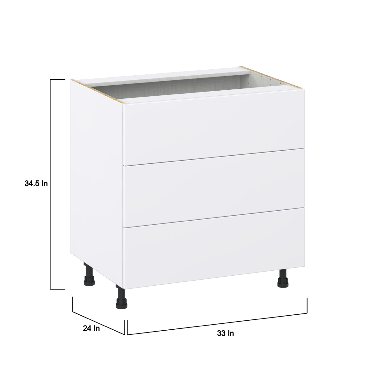 Lily Bright White  Slab Assembled Base Cabinet with Three 10 in. Drawers (33 in. W X 34.5 in. H X 24 in. D)