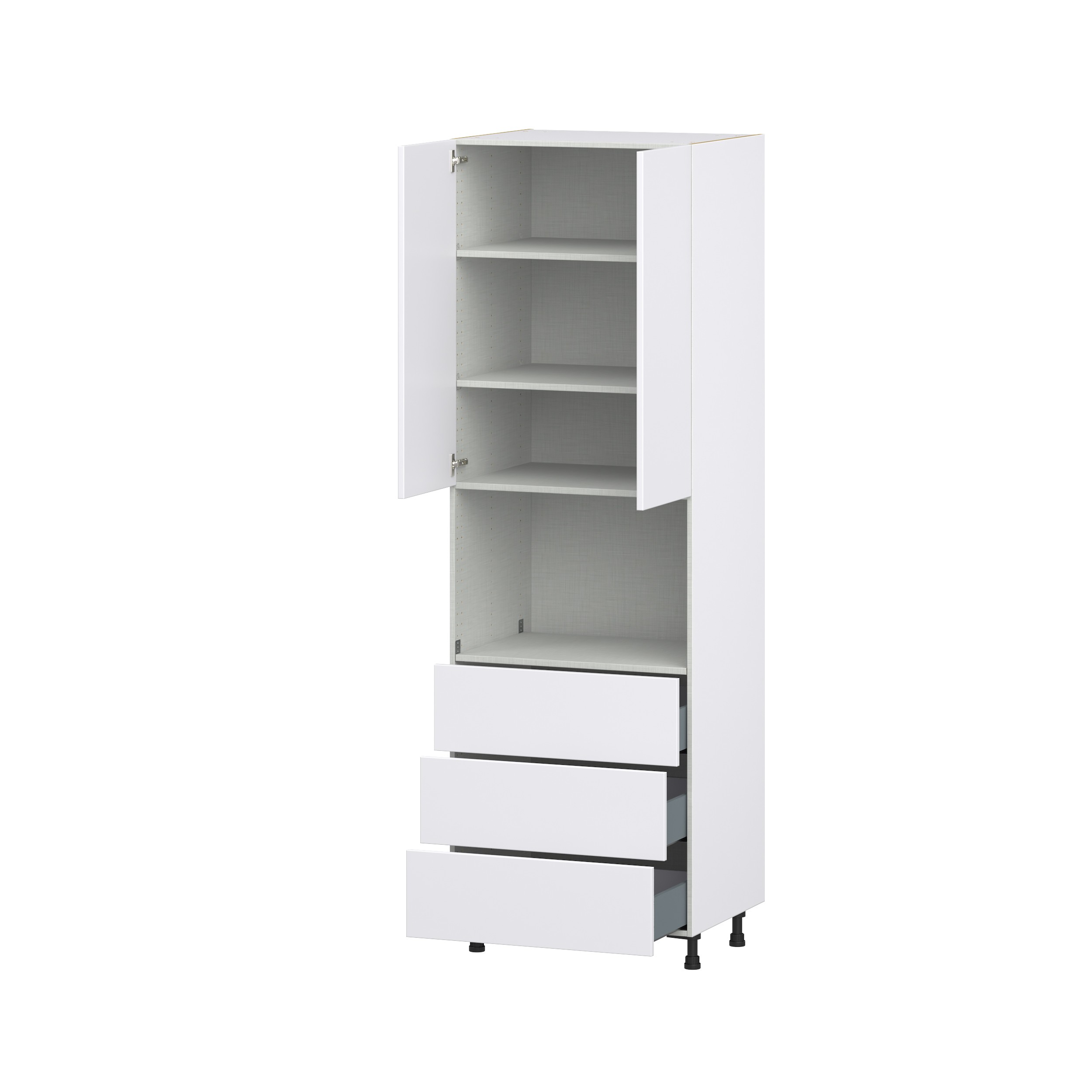 Lily Bright White Slab Assembled Pantry Microwave Cabinet with 3 Even Drawers (30 in. W X 94.5 in. H X 24 in. D)