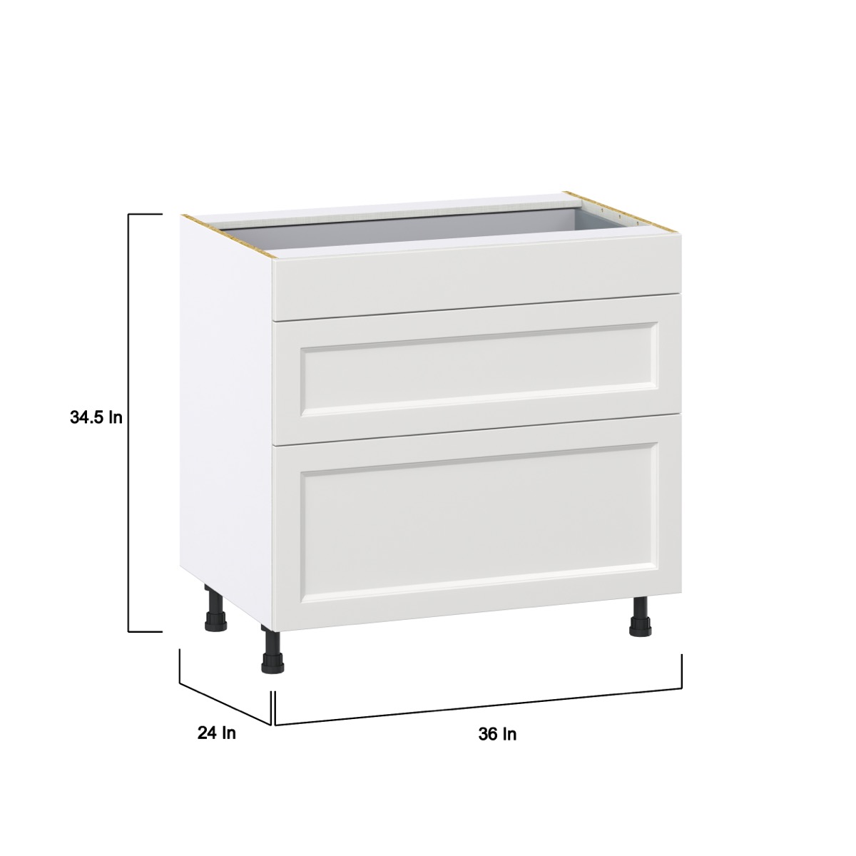 Magnolia Painted Bright White Recessed Assembled Base Cabinet with 3 Drawers (36 in. W x 34.5 in. H x 24 in. D)