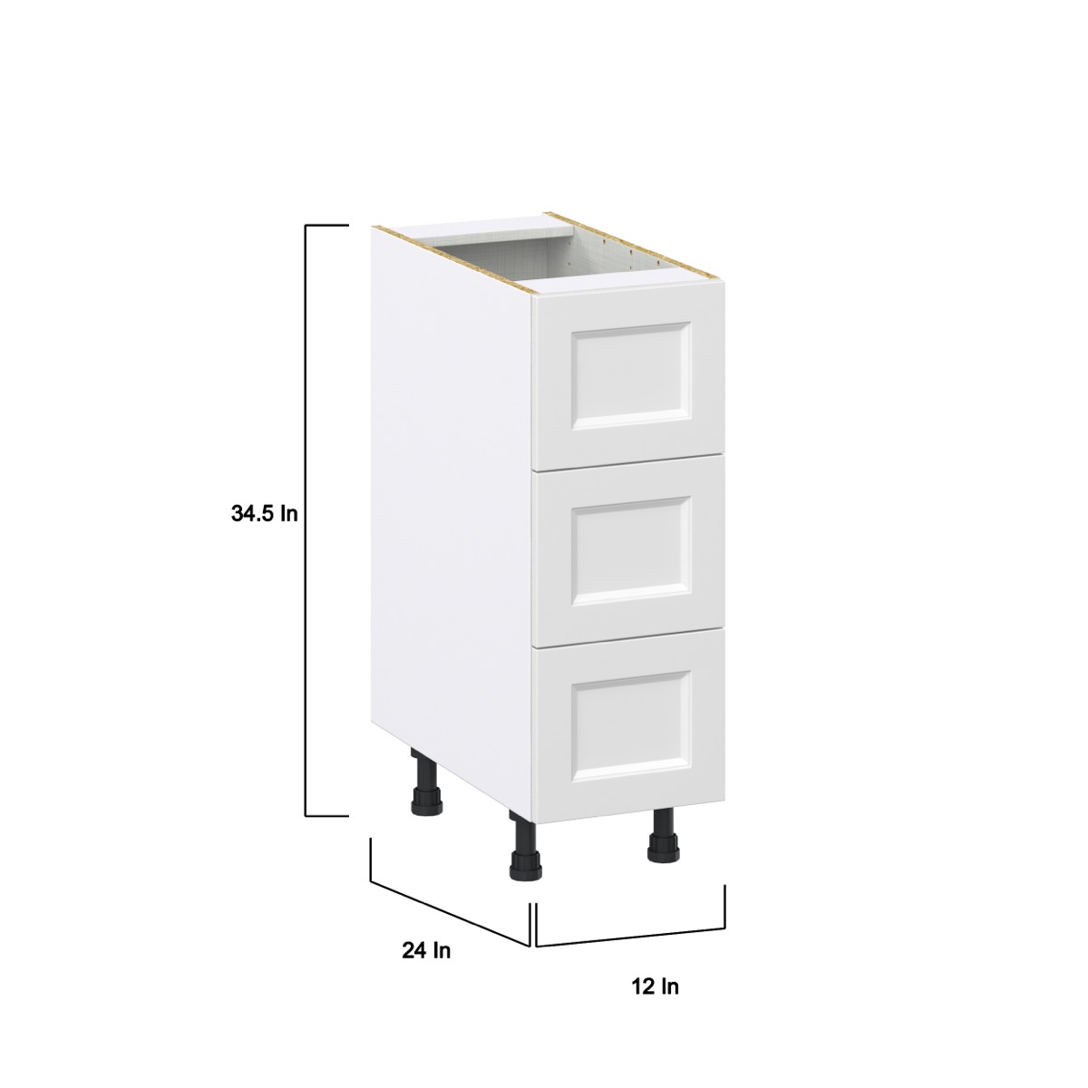 Magnolia Painted Bright White Recessed Assembled Base Cabinet with Three 10 in. Drawers (12 in. W X 34.5 in. H X 24 in. D)