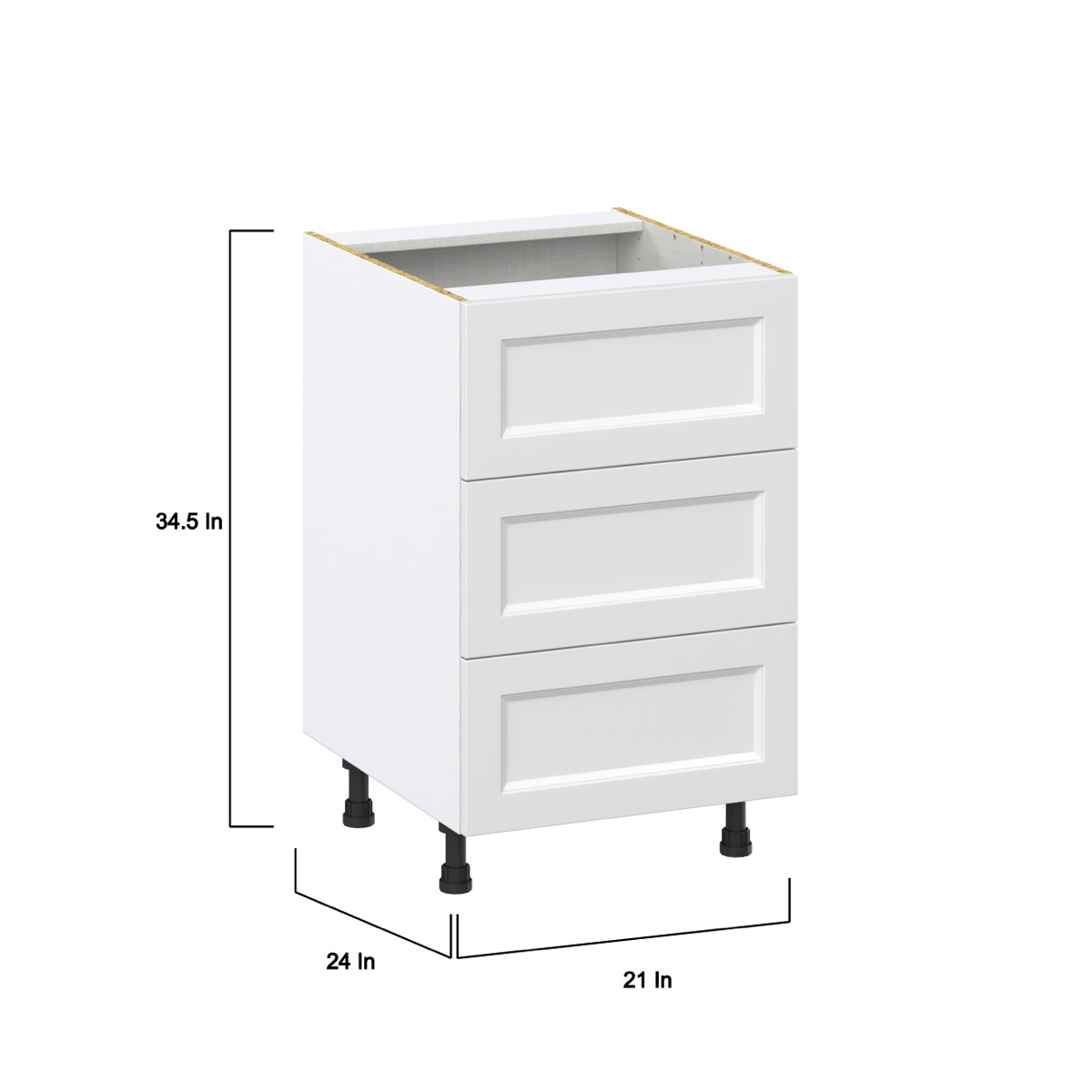 Magnolia Painted Bright White Recessed Assembled Base Cabinet with Three 10 in. Drawers (21 in. W X 34.5 in. H X 24 in. D)