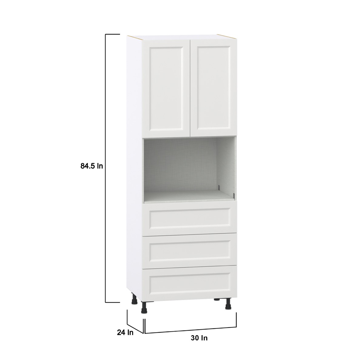 Magnolia Painted Bright White Recessed Assembled Pantry Microwave Cabinet with 3 Even Drawers (30 in. W X 84.5 in. H X 24 in. D)