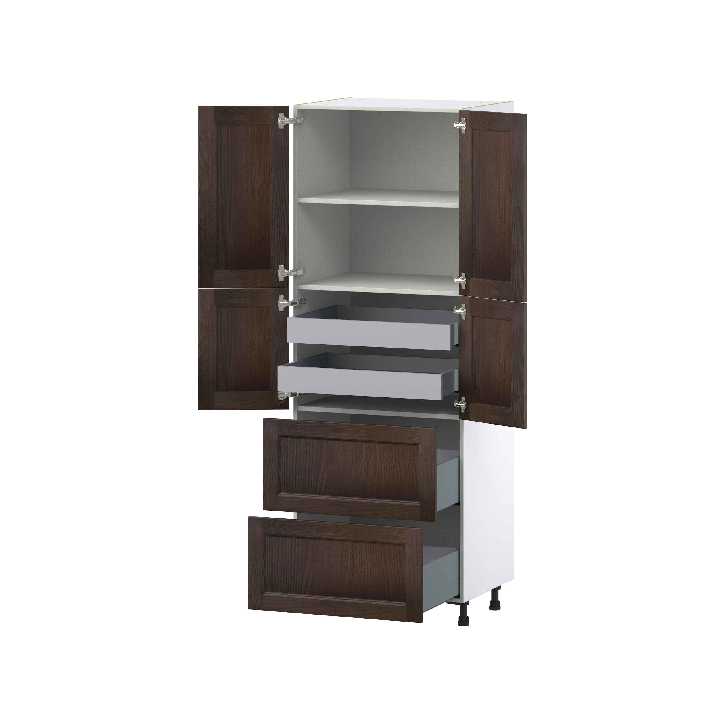 Summerina Chestnut Solid Wood Recessed Assembled Pantry Cabinet 4 Doors with 2 Drawers and 2 Inner Drawers (30 in. W X 84.5 in. H X 24 in. D)