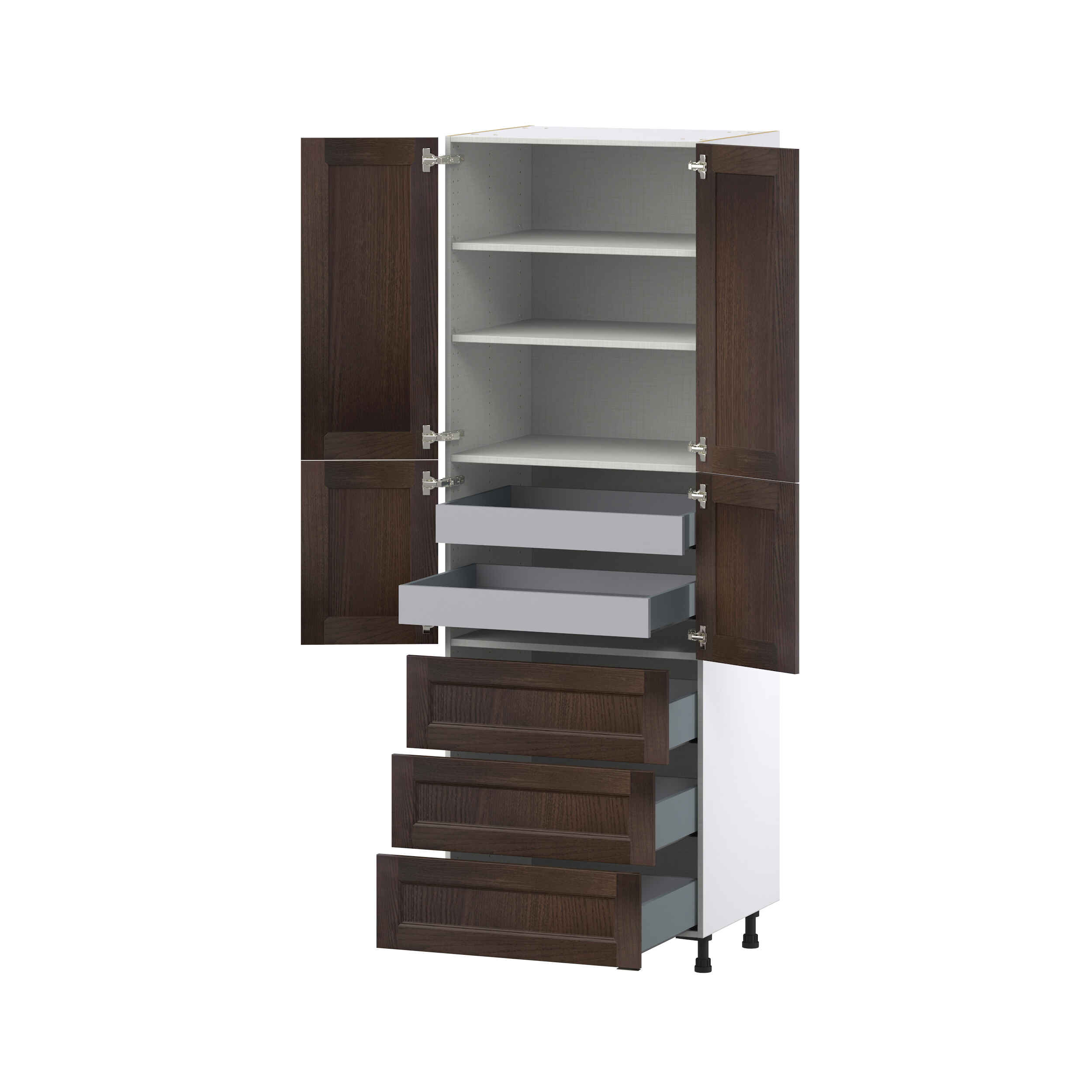 Summerina Chestnut Solid Wood Recessed Assembled Pantry Cabinet 4 Doors with 3 Drawers and 2 Inner Drawers (30 in. W X 89.5 in. H X 24 in. D)