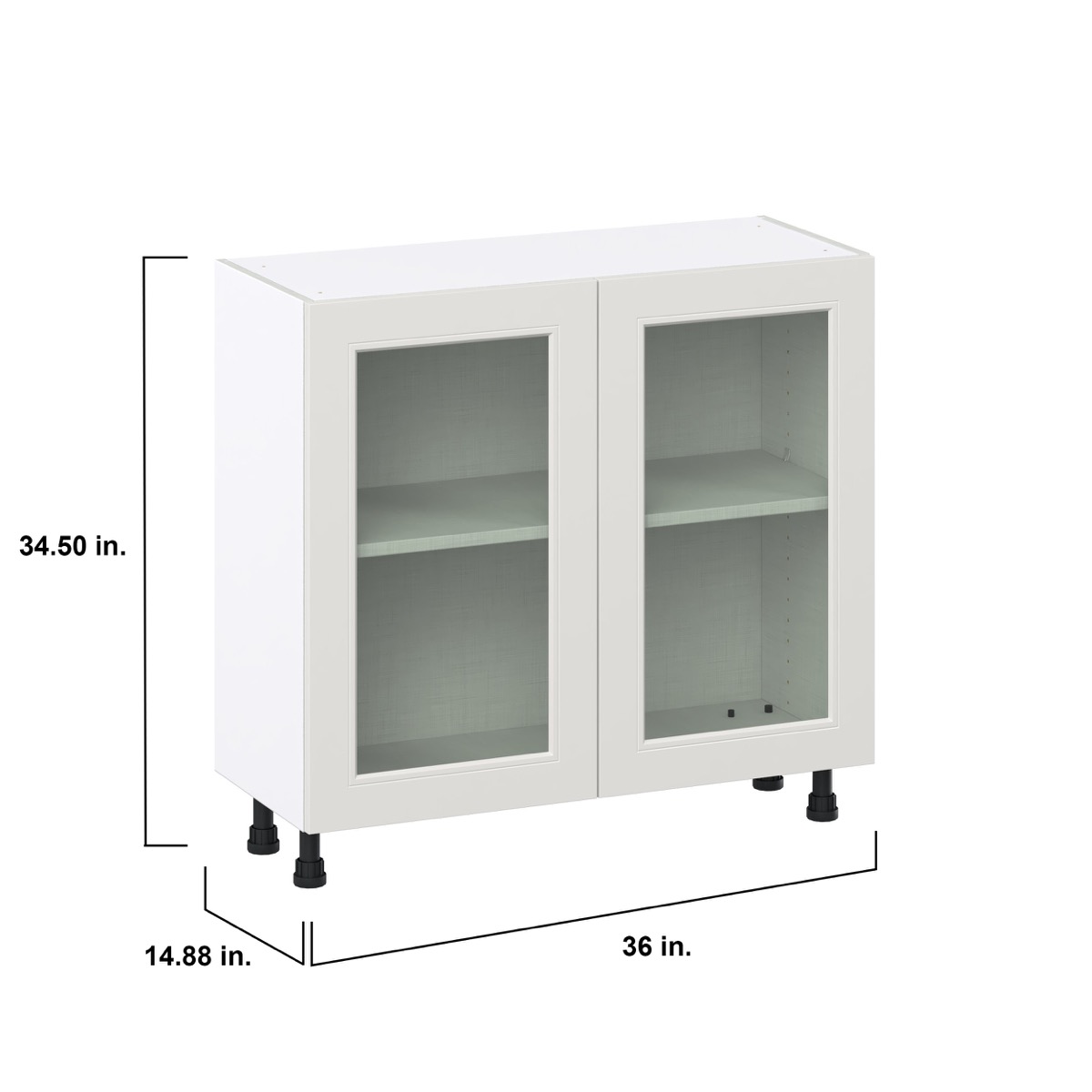 Wisteria Painted Light Gray Recessed Assembled Shallow Base Cabinet with 2 Full High Glass Doors (36 in. W x 34.5 in. H x 14 in. D)