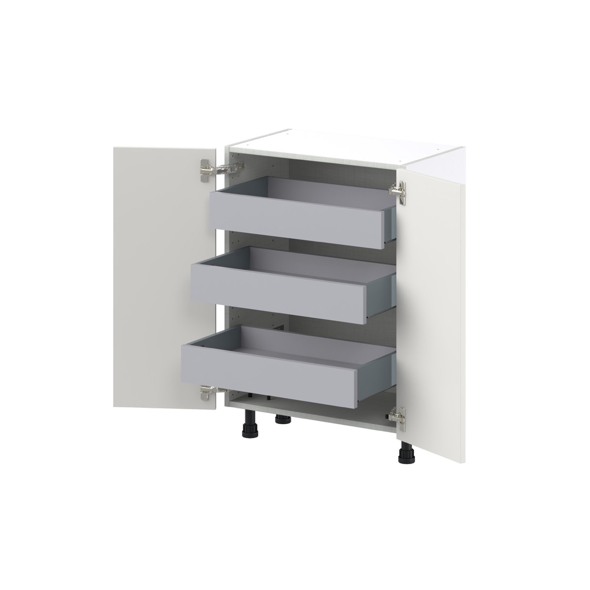 Wisteria Painted Light Gray Recessed Assembled Shallow Base Cabinet with 2 Full High Doors and 3 Inner Drawers (24 in. W x 34.5 in. H x 14 in. D)