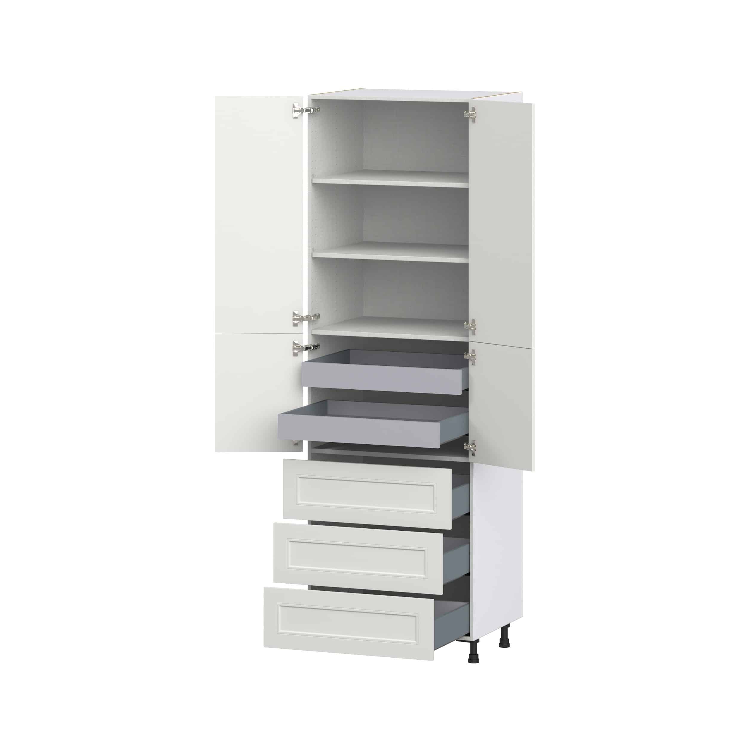 Wisteria Painted Light Gray Recessed Assembled Pantry Cabinet 4 Doors with 3 Drawers and 2 Inner Drawers (30 in. W X 94.5 in. H X 24 in. D)